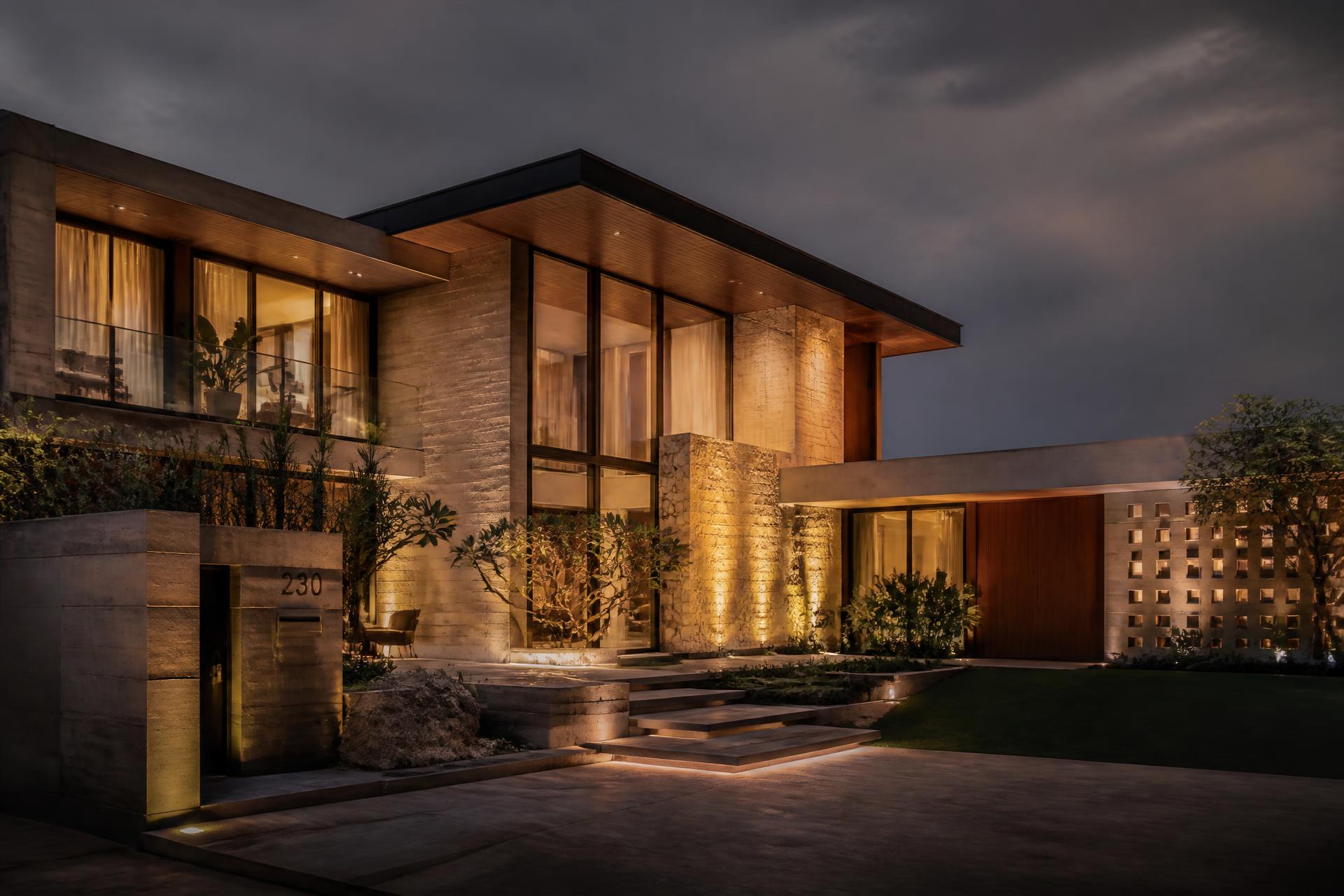 Contemporary luxury villa exterior in warm evening light
