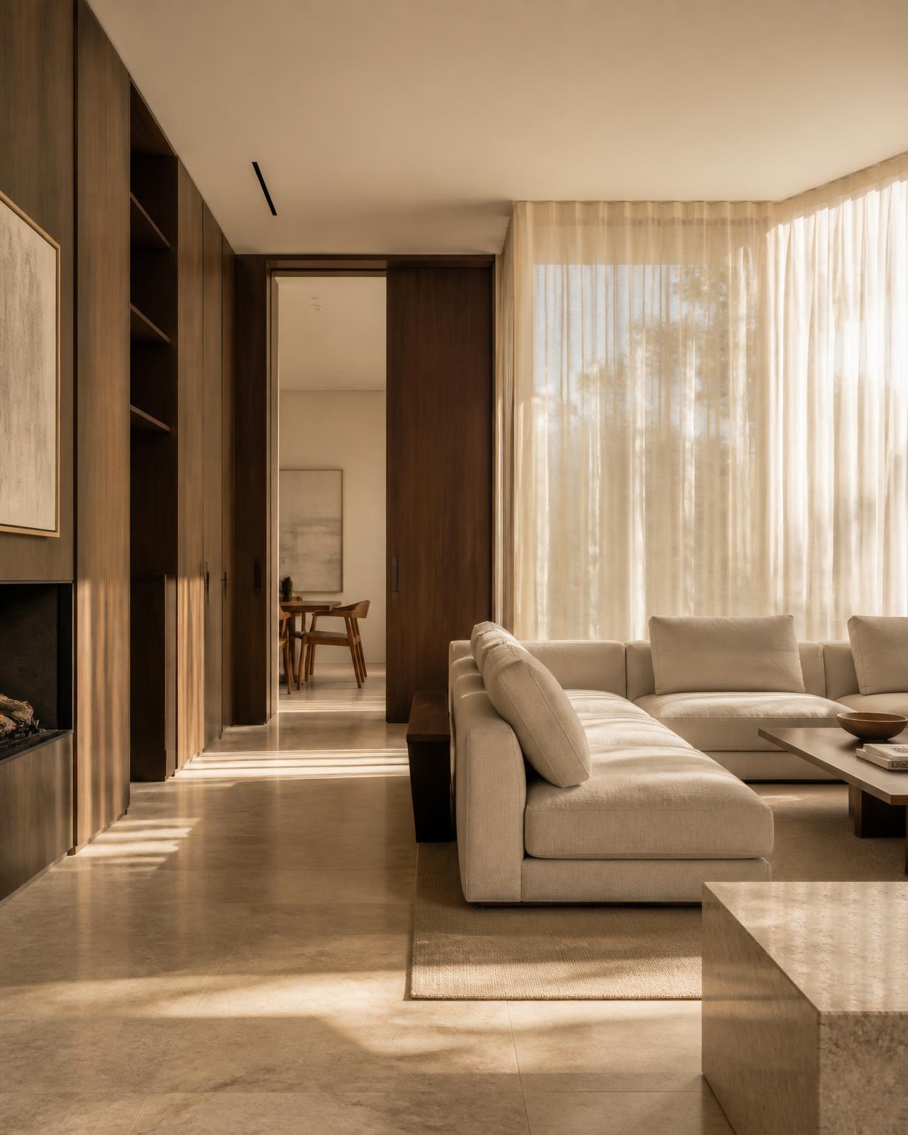 Minimal luxury living room with travertine floors and warm daylight